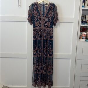 Embroidered Navy Maxi Dress with Floral Detail